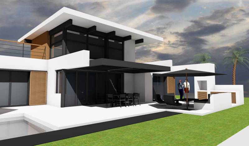 Plan 3D d'architecte d'une maison avec étages et ornements bois au Cap Ferret